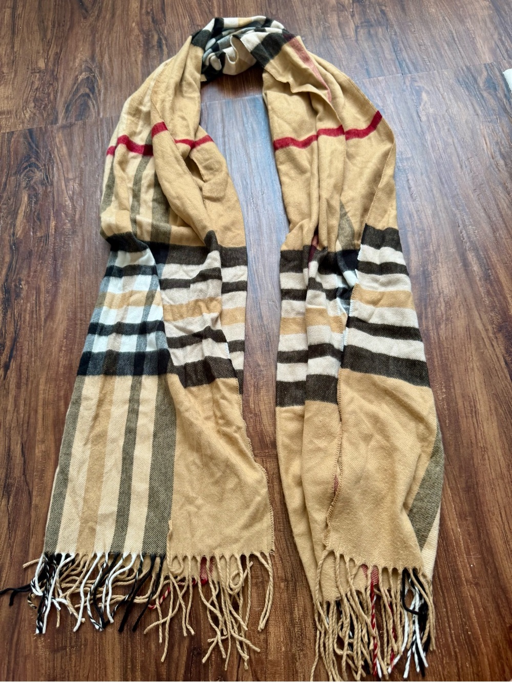 Charter Club Camel Plaid Fringe Scarf with Black, White and Red Stripes